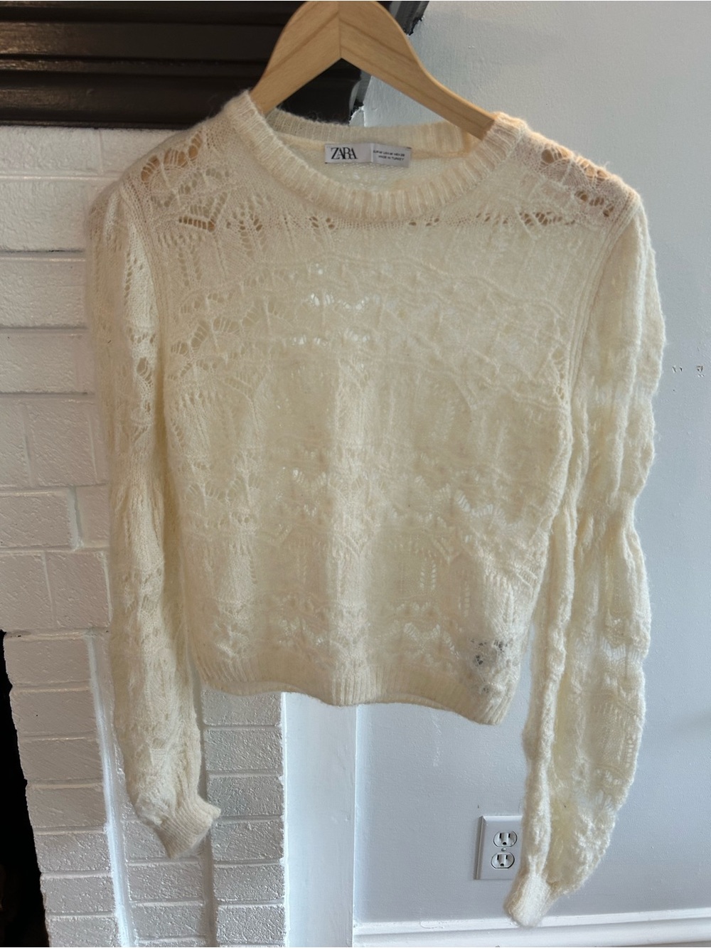 ZARA Cream Openwork Knit Crewneck Sweater
